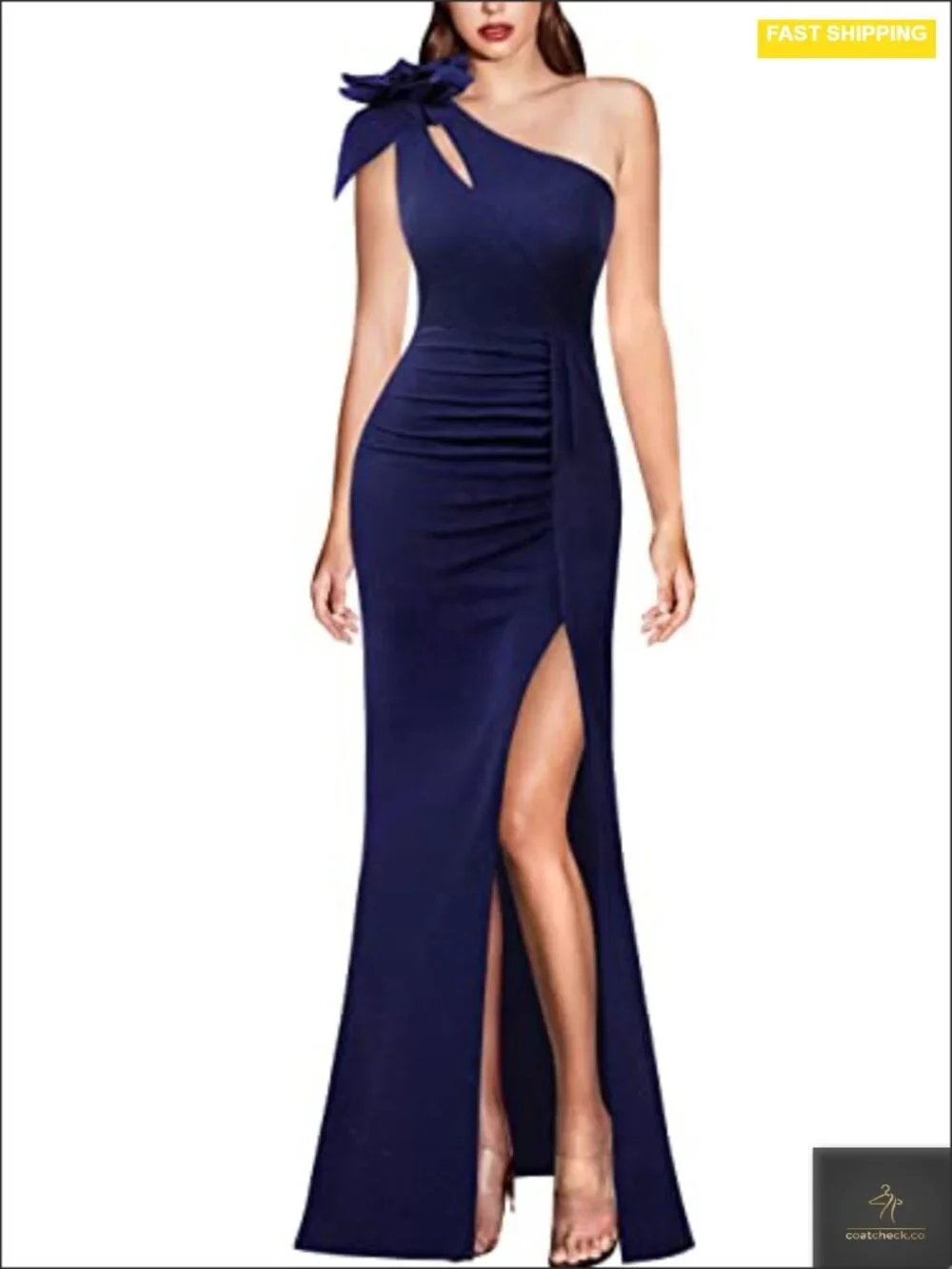 Womens 3D Flower One Shoulder Ruched Prom Formal Maxi Dress with Slit Cutout